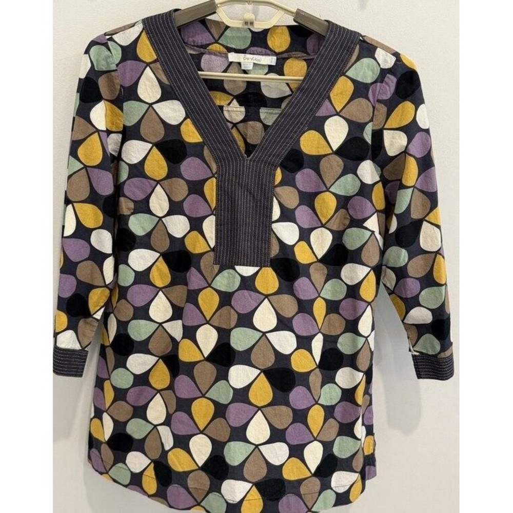 Boden 100% Cotton V Neck 3/4 Sleeve Tunic Shirt Purple Geo Print Stitching S